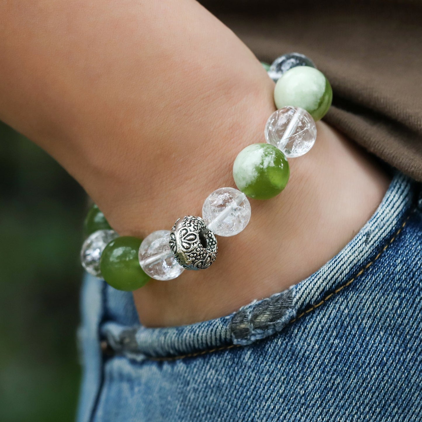 Dewdrop Lumina: White Aze Crystal & Serpentine Bracelet - Nokovia