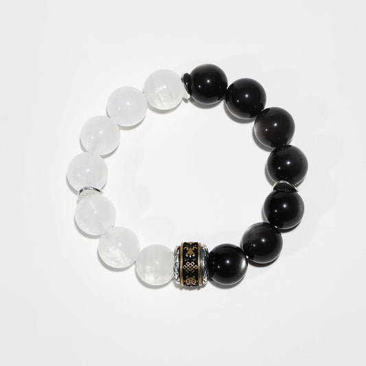 Lumen Shield: White Phantom Quartz & Black Moonstone Bracelet - Nokovia