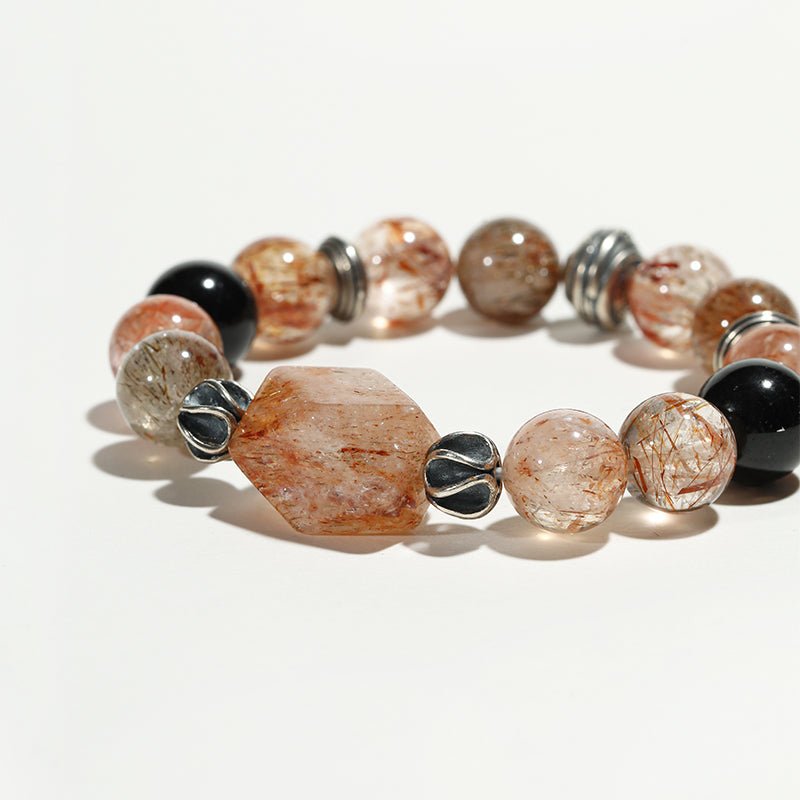 Magma Shield: Red Rhyolite, Black Rutilated Quartz & Obsidian Bracelet - Nokovia