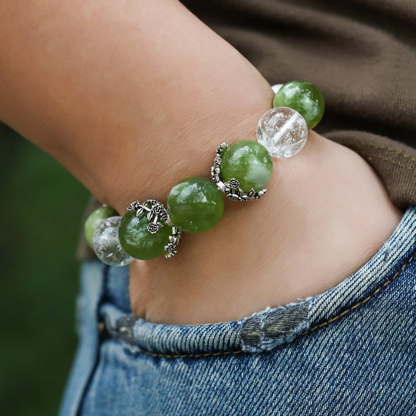Morning Dew Serenity: Serpentine, White Aze Crystal & Pearl Bracelet - Nokovia