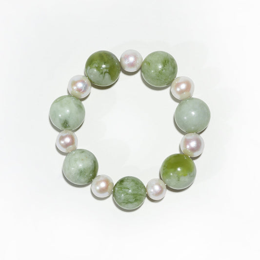 Mountain Moonlight: Serpentine & Freshwater Pearl Bracelet - Nokovia