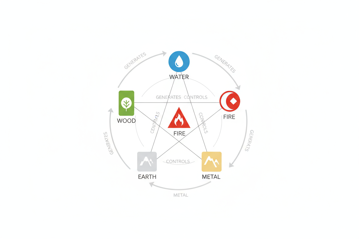 生成 现代简约风格的五行相生相克图，英文，16*9造型