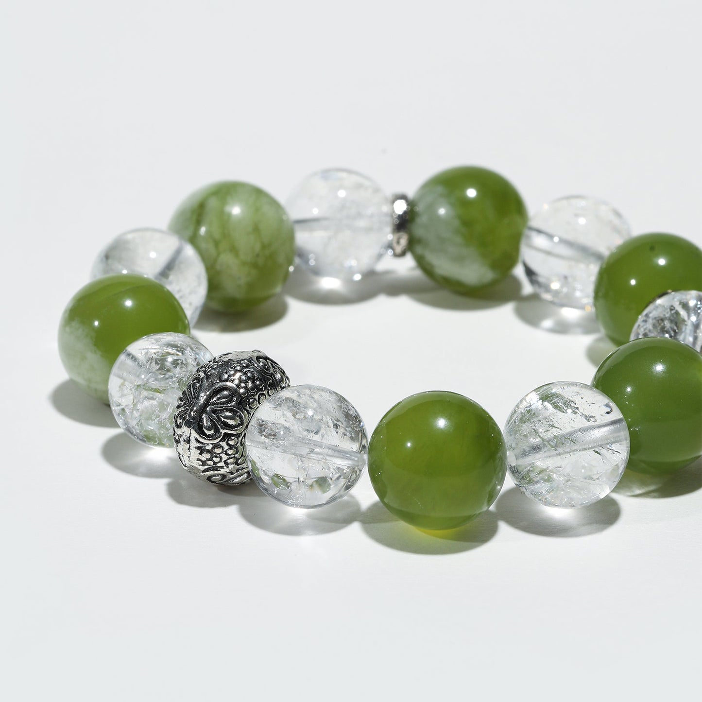 Dewdrop Lumina: White Aze Crystal & Serpentine Bracelet - Nokovia