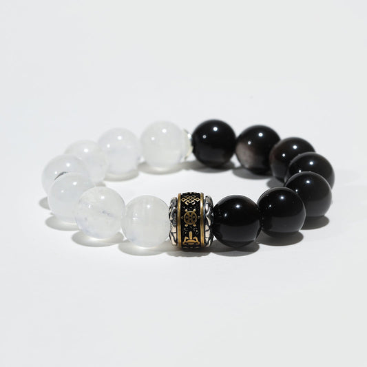 Lumen Shield: White Phantom Quartz & Black Moonstone Bracelet - Nokovia