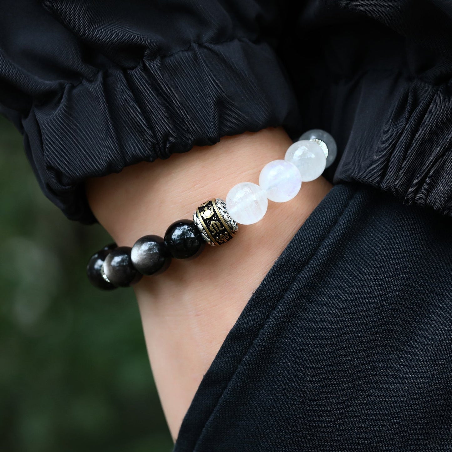 Lumen Shield: White Phantom Quartz & Black Moonstone Bracelet - Nokovia
