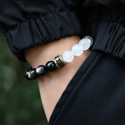 Lumen Shield: White Phantom Quartz & Black Moonstone Bracelet - Nokovia