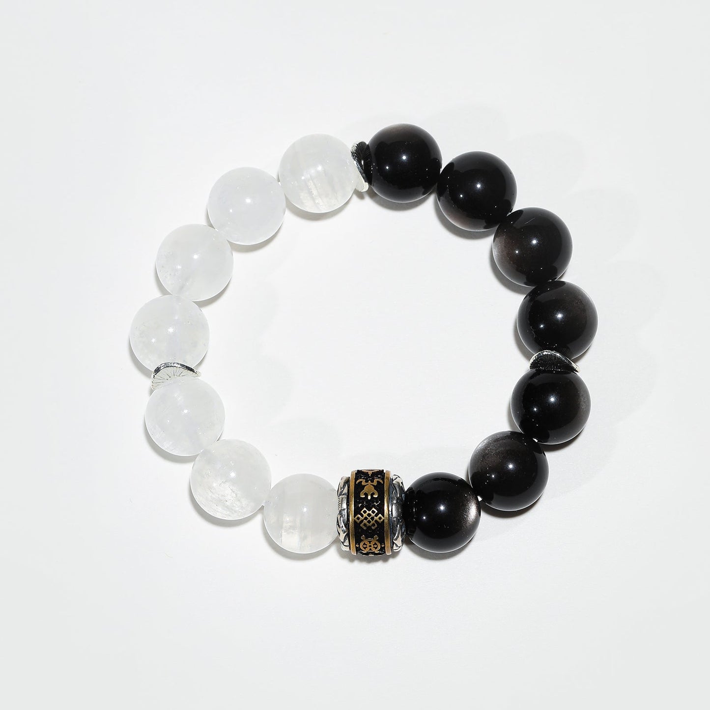Lumen Shield: White Phantom Quartz & Black Moonstone Bracelet - Nokovia