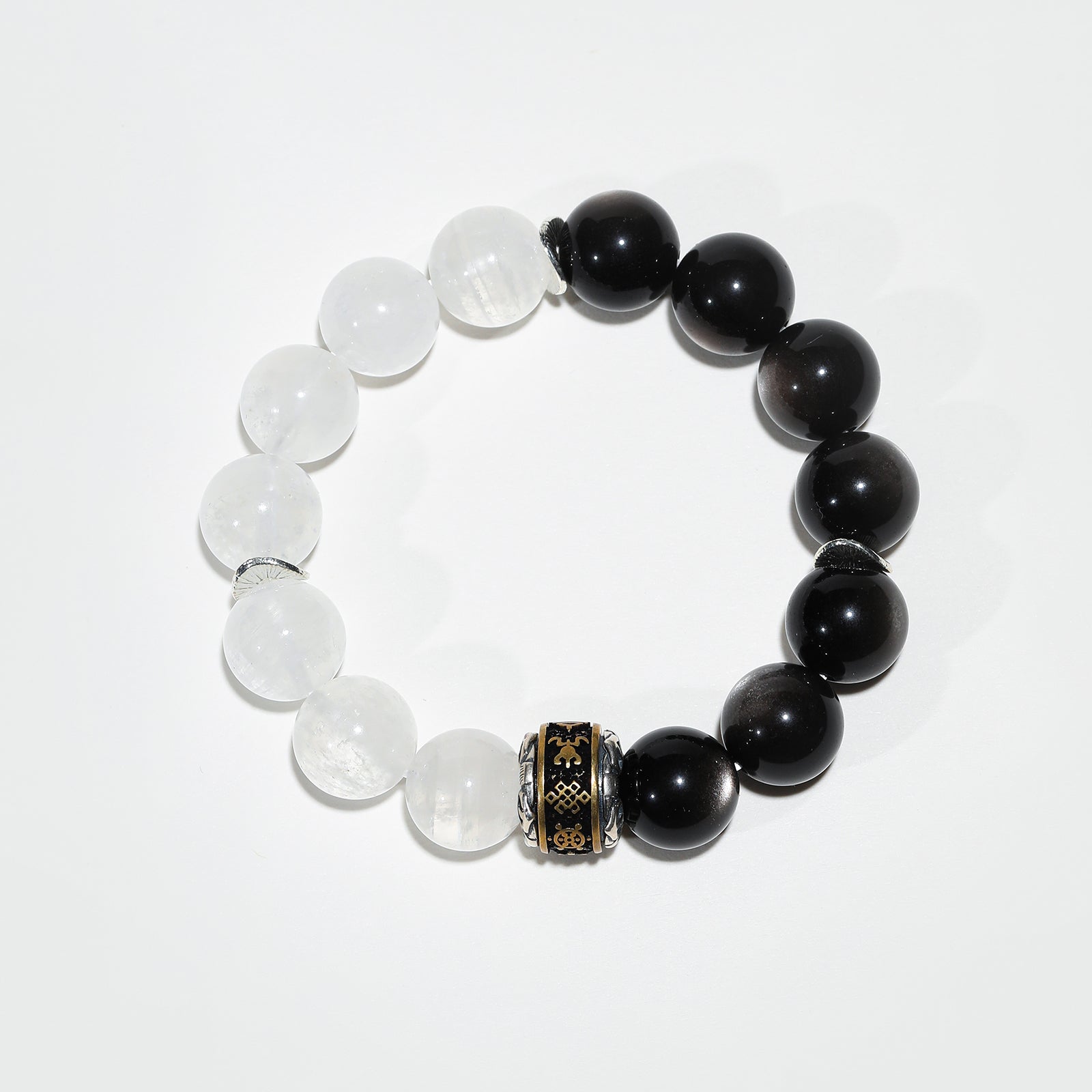 Lumen Shield: White Phantom Quartz & Black Moonstone Bracelet - Nokovia