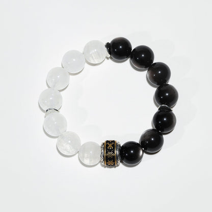 Lumen Shield: White Phantom Quartz & Black Moonstone Bracelet - Nokovia