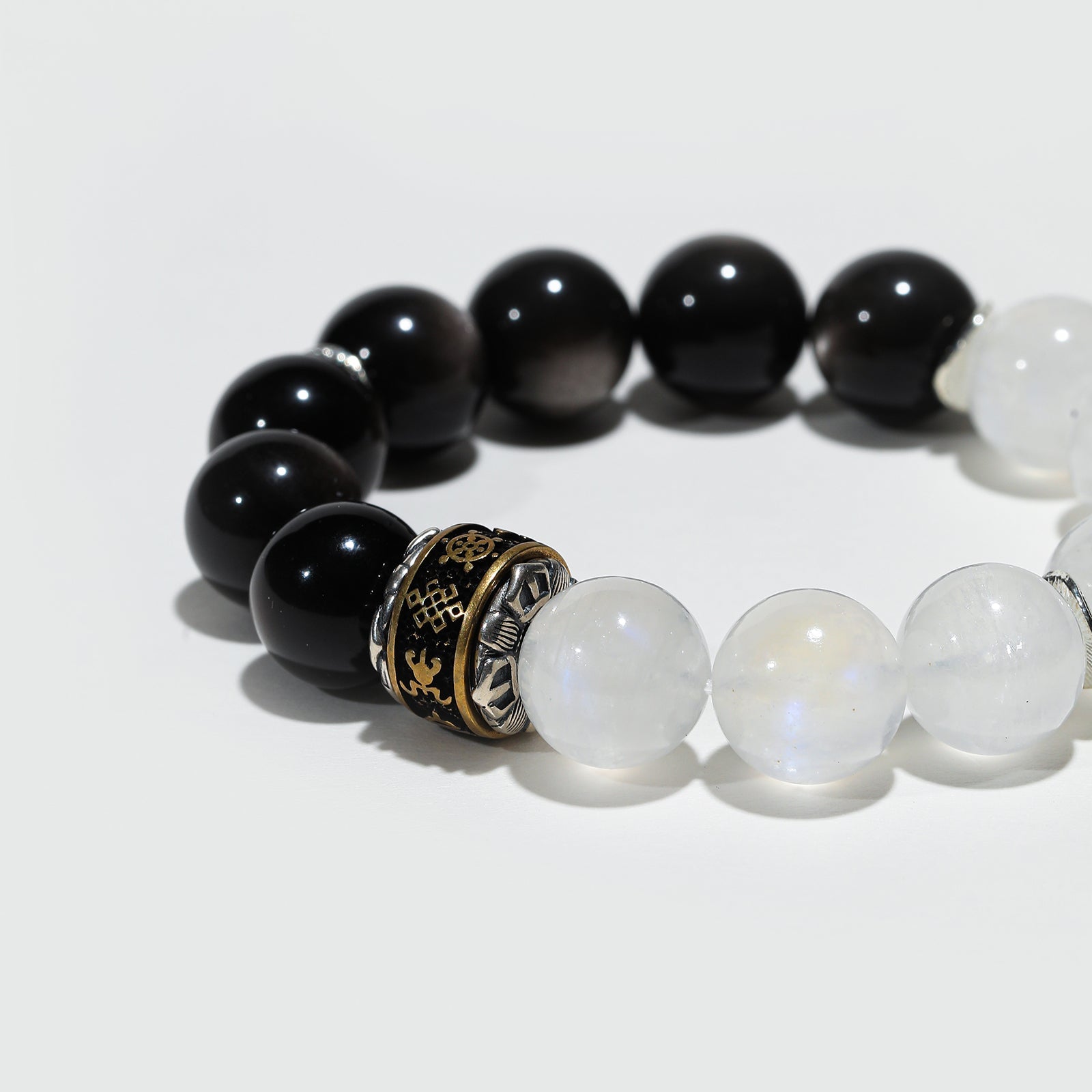 Lumen Shield: White Phantom Quartz & Black Moonstone Bracelet - Nokovia