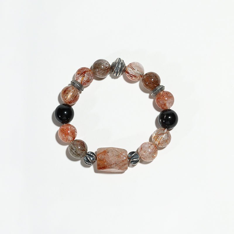 Magma Shield: Red Rhyolite, Black Rutilated Quartz & Obsidian Bracelet - Nokovia