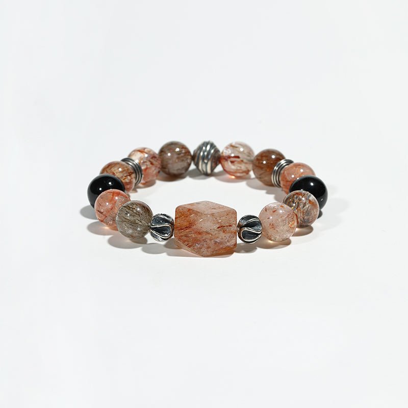 Magma Shield: Red Rhyolite, Black Rutilated Quartz & Obsidian Bracelet - Nokovia