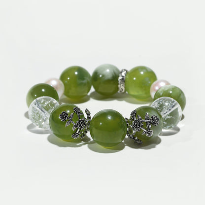 Morning Dew Serenity: Serpentine, White Aze Crystal & Pearl Bracelet - Nokovia