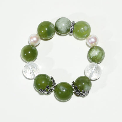 Morning Dew Serenity: Serpentine, White Aze Crystal & Pearl Bracelet - Nokovia