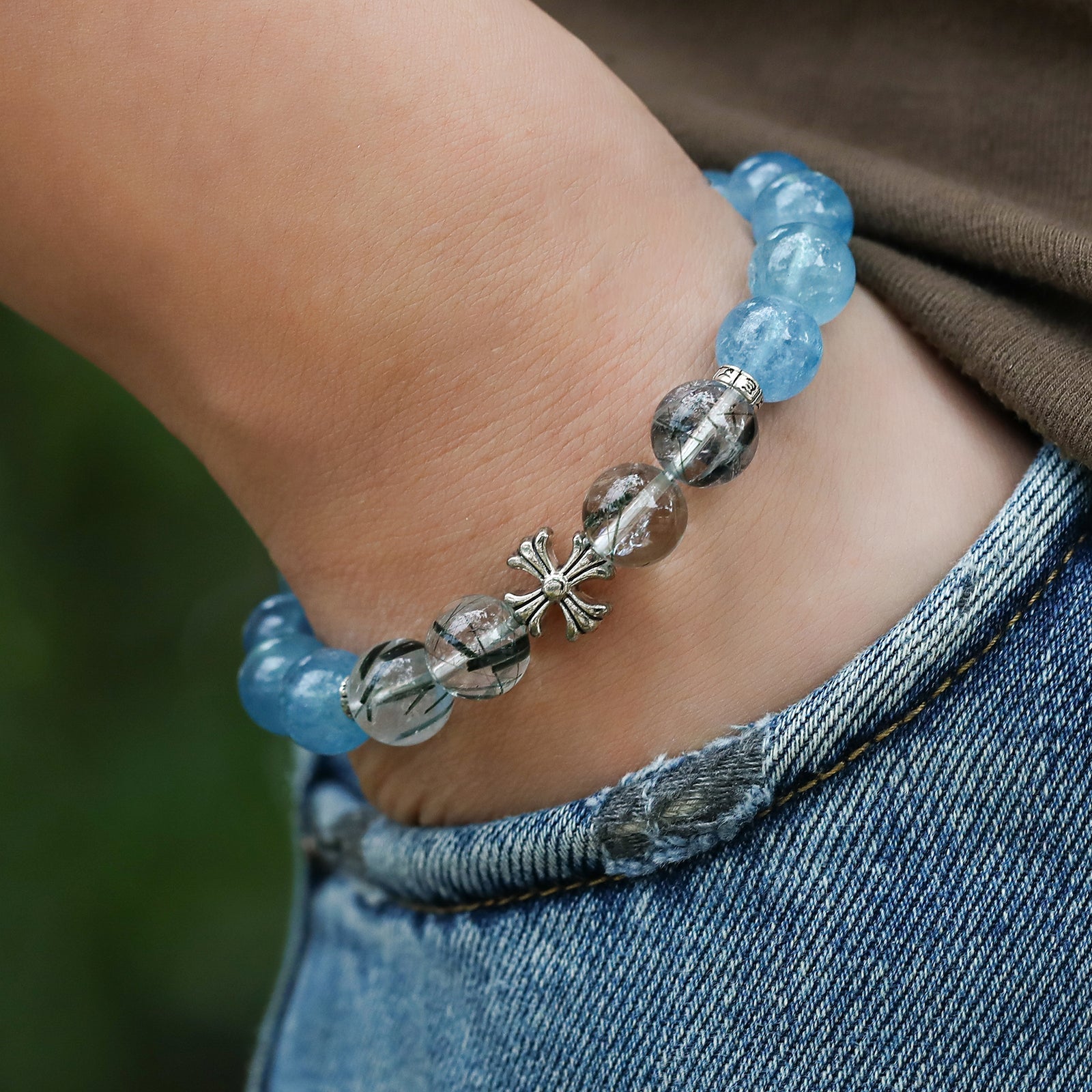 Oceanic Aurora: Blue Apatite, Aquamarine & Green Rutilated Quartz Bracelet - Nokovia