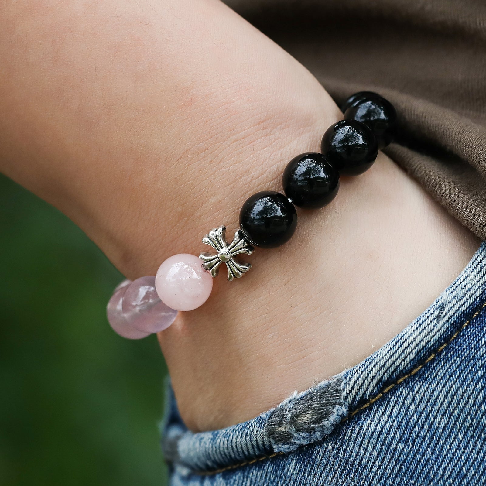 Twilight Cross: Rose Quartz & Obsidian Bracelet - Nokovia